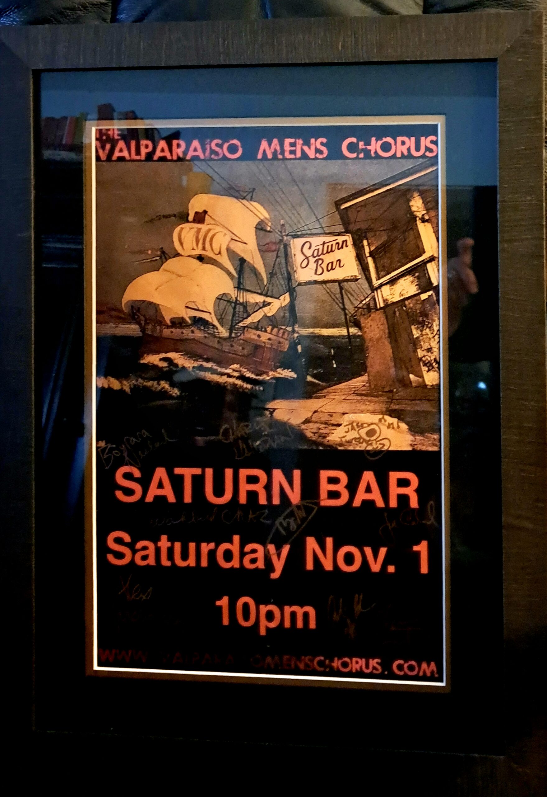 Framed and signed Valparaiso Men's Chorus at the Saturn Bar gig poster